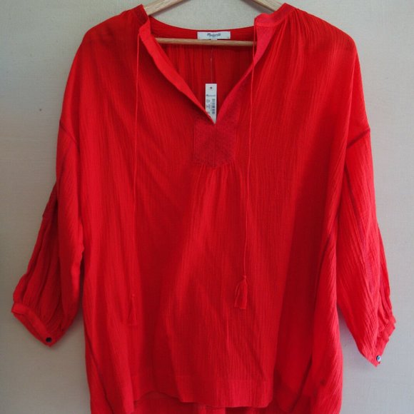 boho peasant tunic red top blouse popover XXS XS - Picture 7 of 12